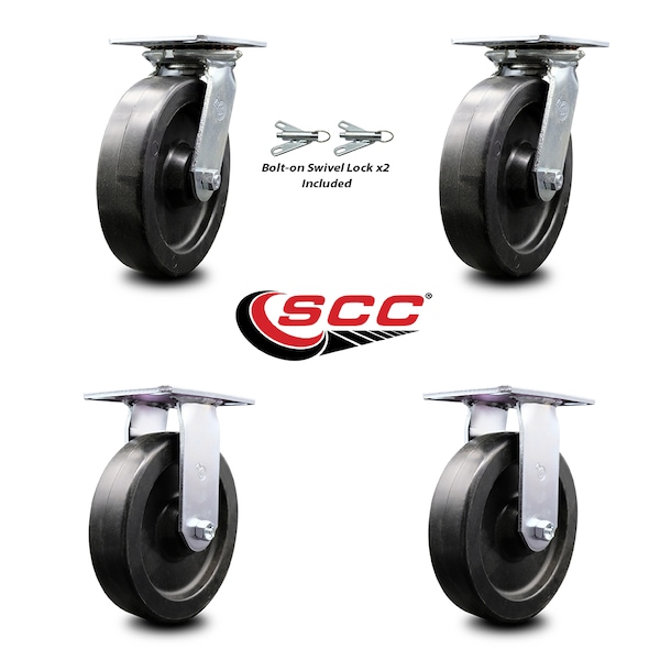 8 Inch Polyolefin Caster Set with Roller Bearing 2 Swivel Lock and 2 Rigid SCC